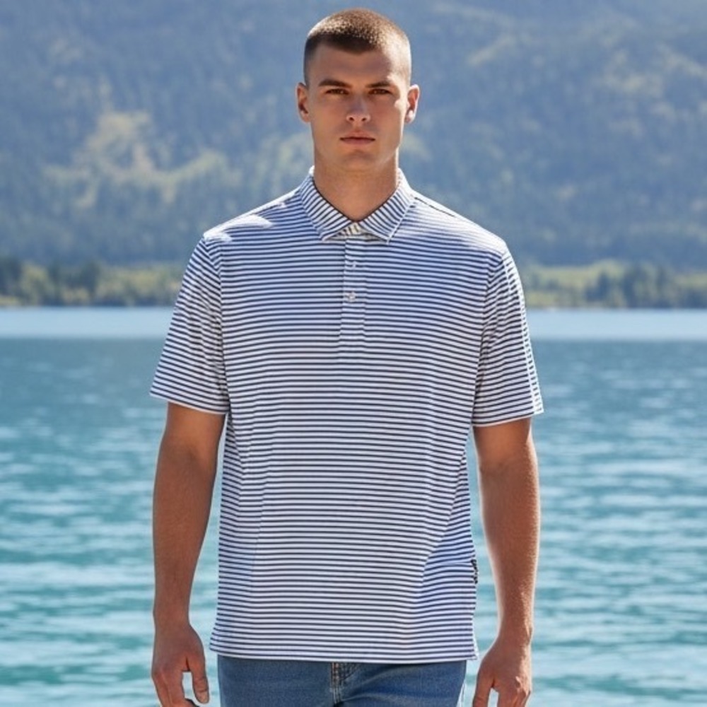 Johnnie-O Mens XL Blue White Striped Performance Polo Shirt Stretch Short Sleeve